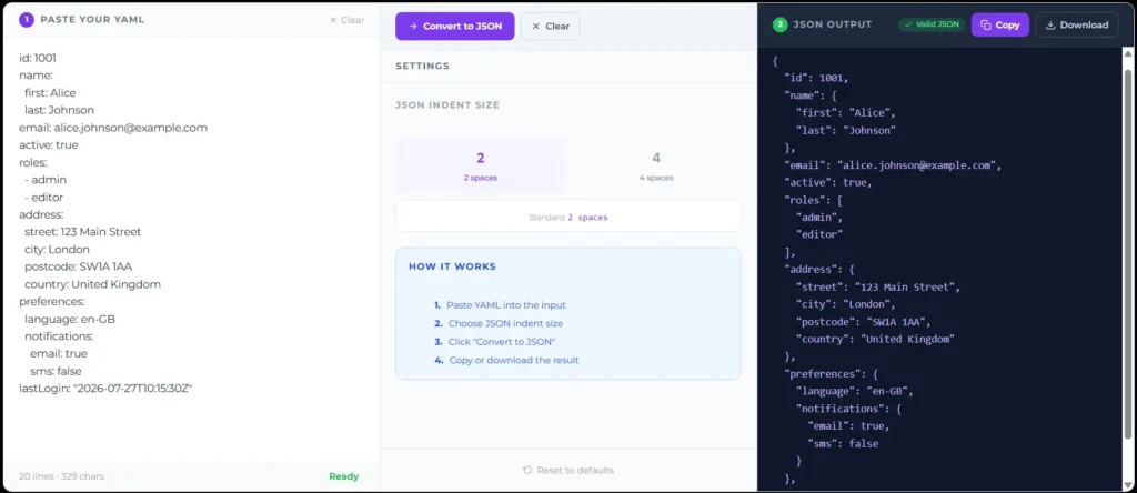 Screen capture of a YAML to JSON converter tool showing YAML input and the formatted JSON output.